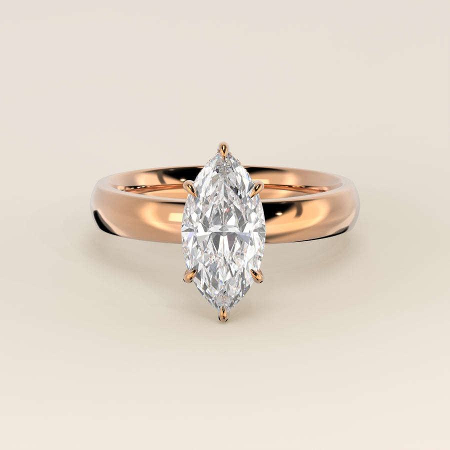 Verlovingsring marquise lab grown diamant met brede band en hidden halo, rosegoud