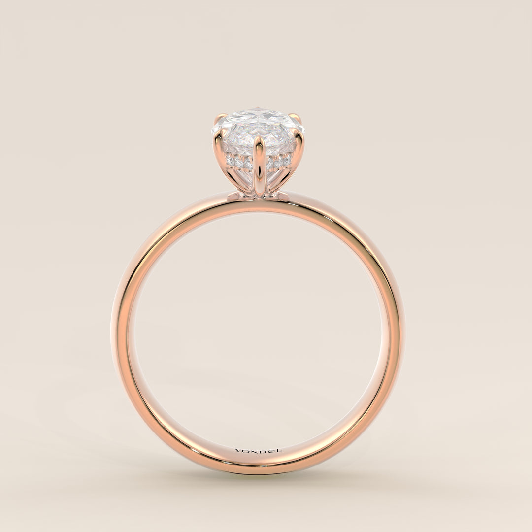 Verlovingsring marquise lab grown diamant met brede band en hidden halo, rosegoud