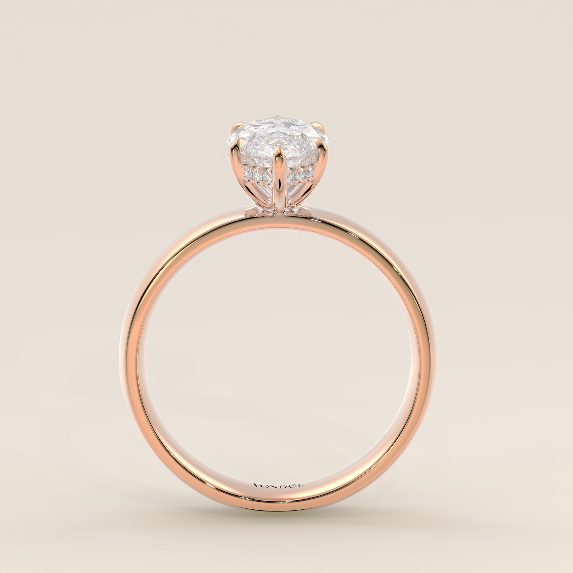 Verlovingsring marquise lab grown diamant met brede band en hidden halo, rosegoud