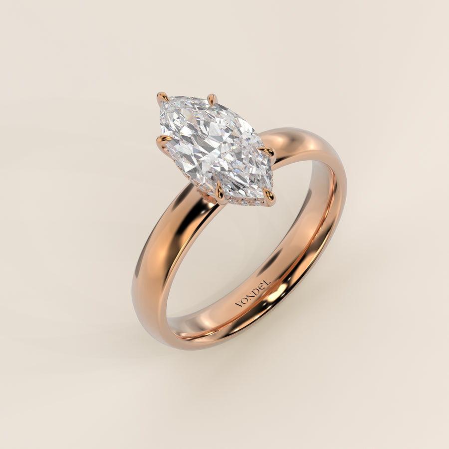 Verlovingsring marquise lab grown diamant met brede band en hidden halo, rosegoud