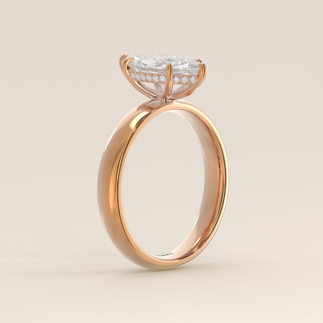Verlovingsring marquise lab grown diamant met brede band en hidden halo, rosegoud