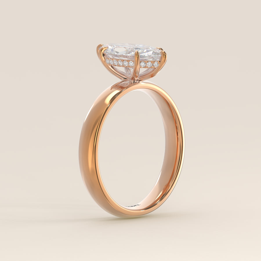 Verlovingsring marquise lab grown diamant met brede band en hidden halo, rosegoud
