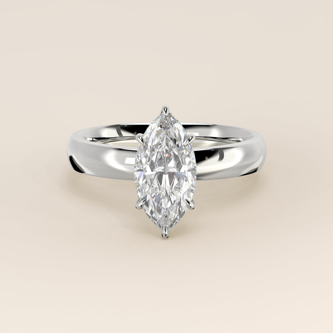 Verlovingsring marquise lab grown diamant met brede band en hidden halo, witgoud