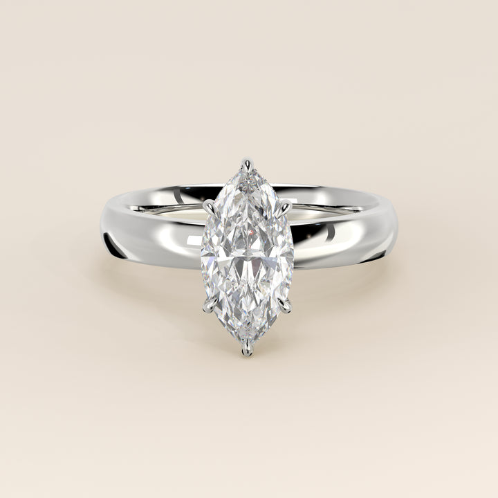 Verlovingsring marquise lab grown diamant met brede band en hidden halo, witgoud