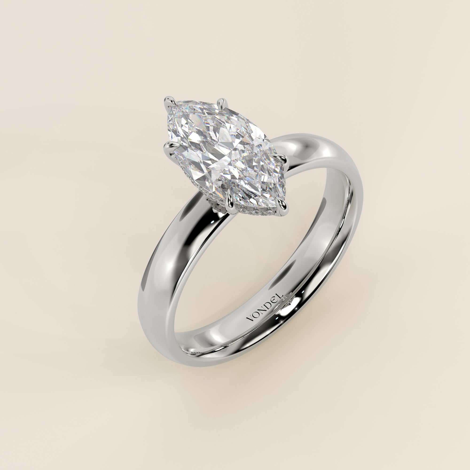 Verlovingsring marquise lab grown diamant met brede band en hidden halo, witgoud