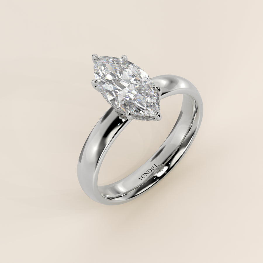 Verlovingsring marquise lab grown diamant met brede band en hidden halo, witgoud