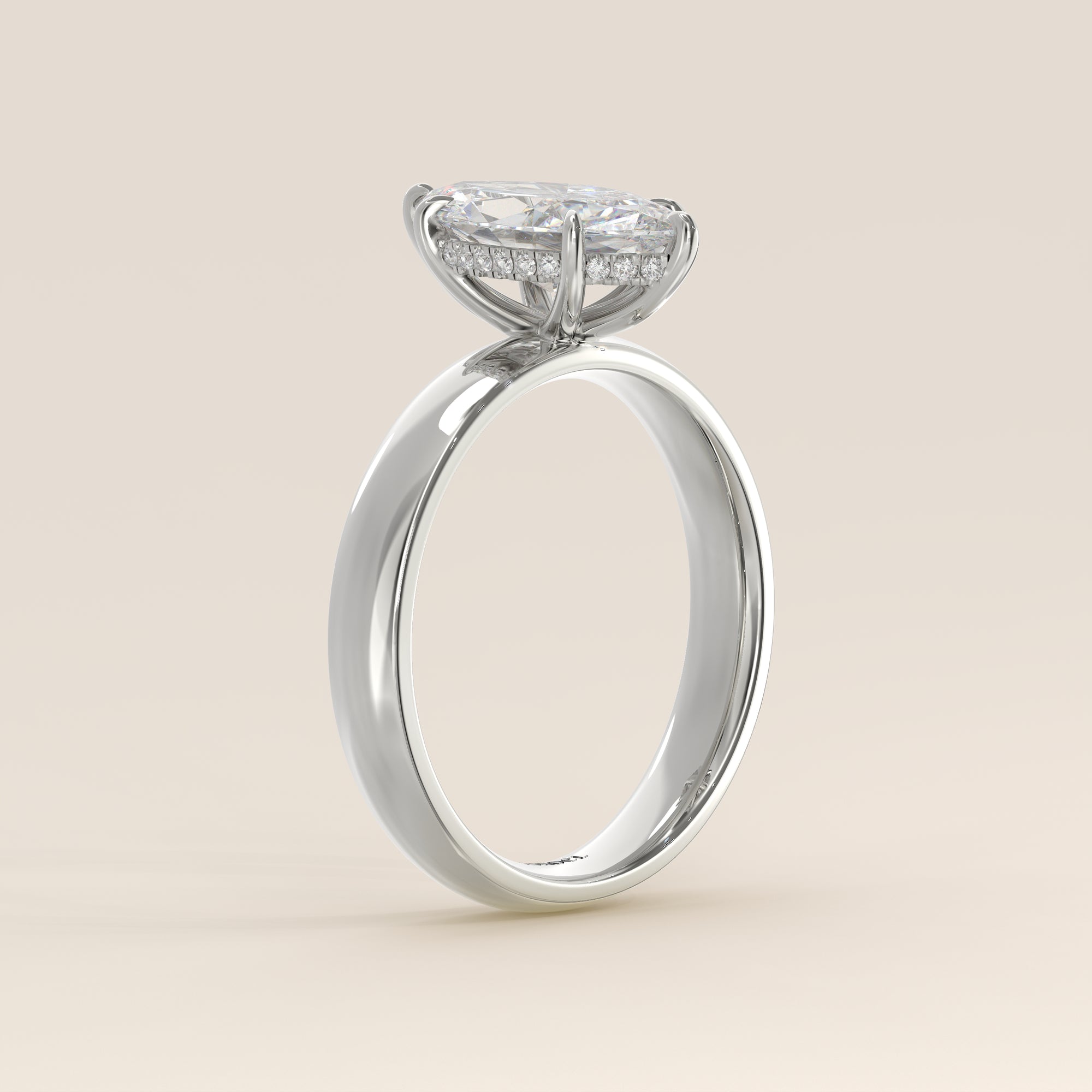 Verlovingsring marquise lab grown diamant met brede band en hidden halo, witgoud