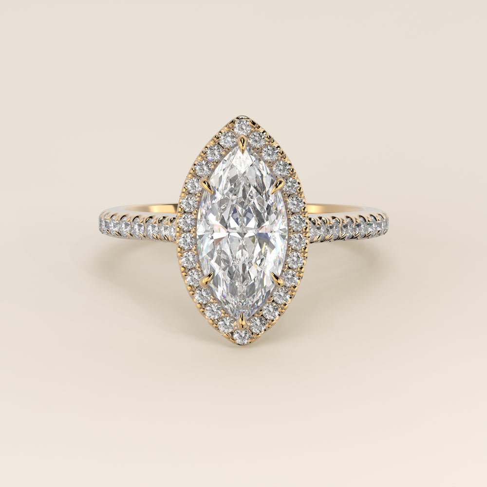 Verlovingsring marquise lab grown diamant met halo en pave band, geelgoud