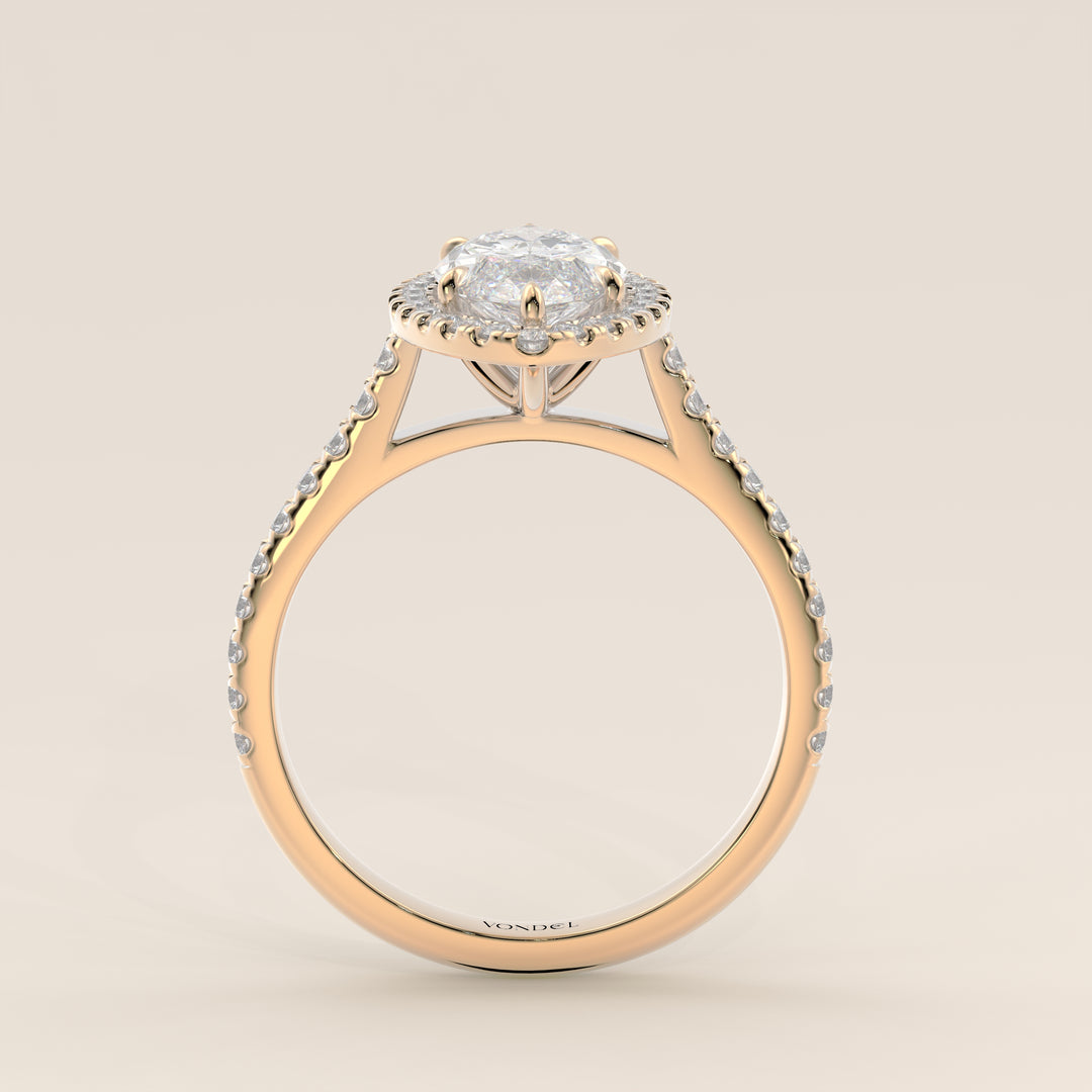 Verlovingsring marquise lab grown diamant met halo en pave band, geelgoud