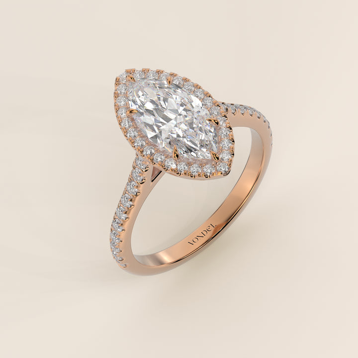 Verlovingsring marquise lab grown diamant met halo en pave band, rosegoud