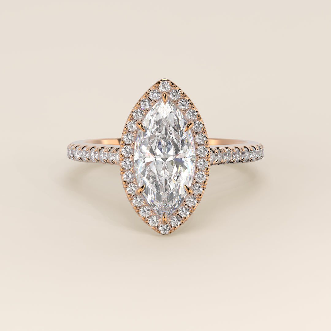 Verlovingsring marquise lab grown diamant met halo en pave band, rosegoud