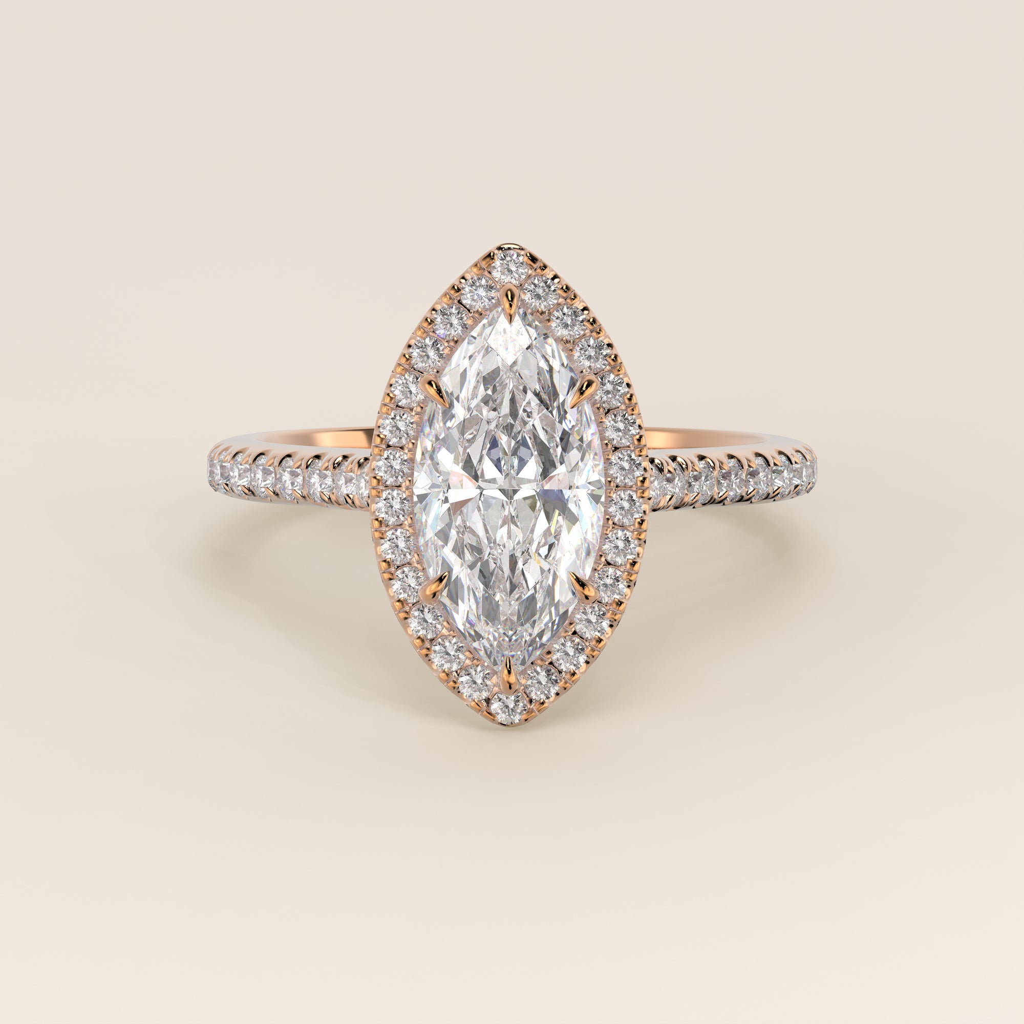 Verlovingsring marquise lab grown diamant met halo en pave band, rosegoud