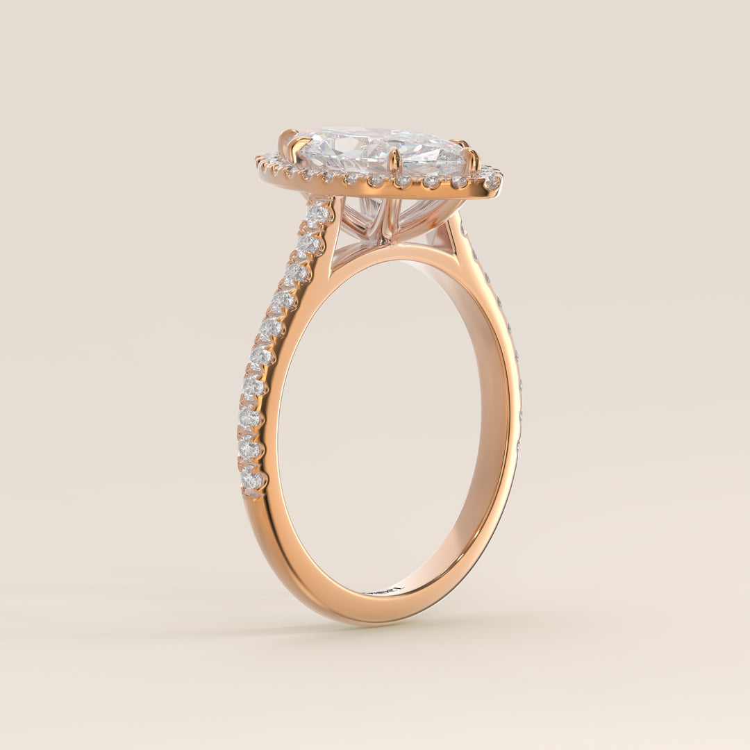 Verlovingsring marquise lab grown diamant met halo en pave band, rosegoud
