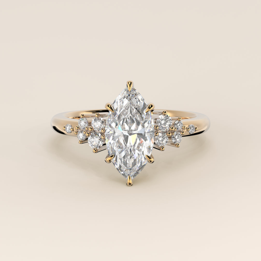Verlovingsring marquise lab grown diamant met hidden halo en lage zetting, geelgoud