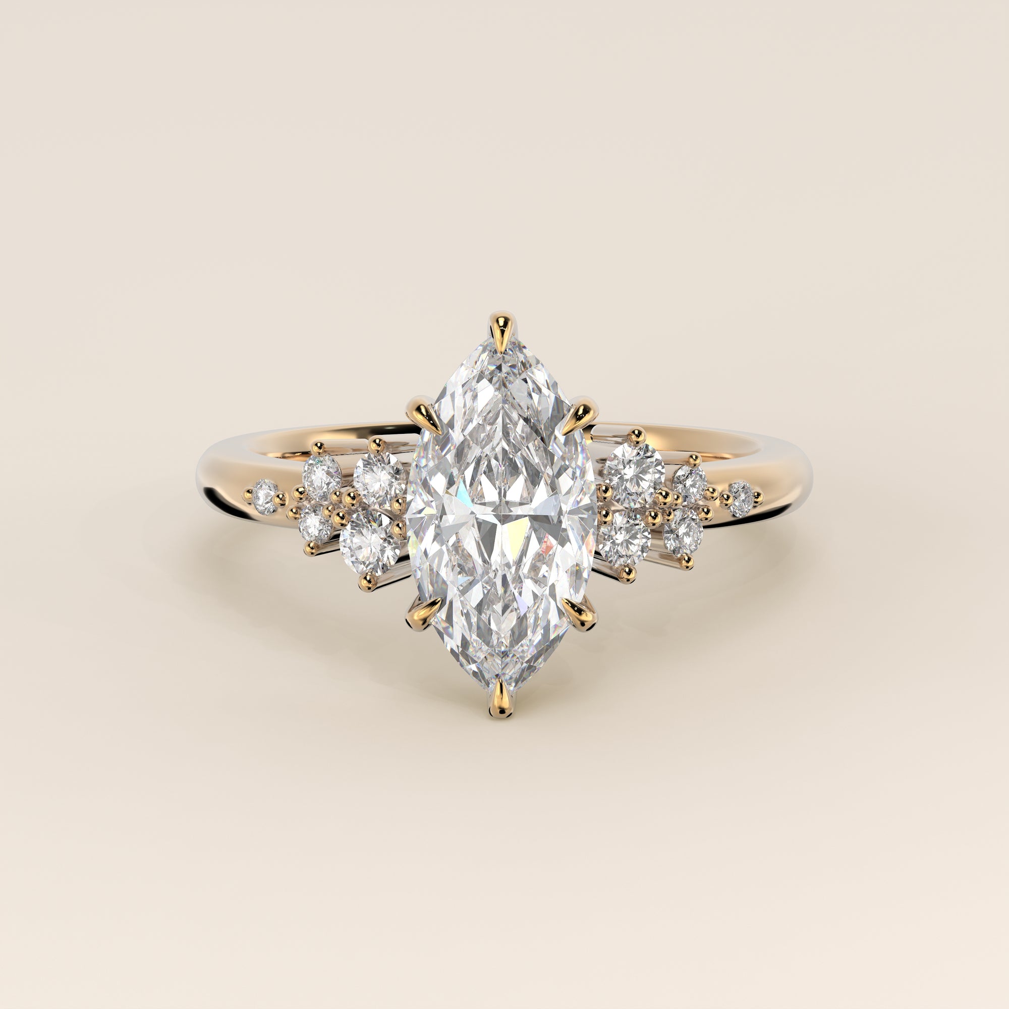 Verlovingsring marquise lab grown diamant met hidden halo en lage zetting, geelgoud
