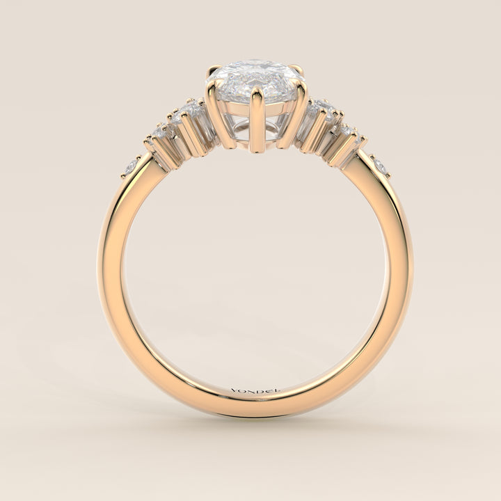 Verlovingsring marquise lab grown diamant met hidden halo en lage zetting, geelgoud