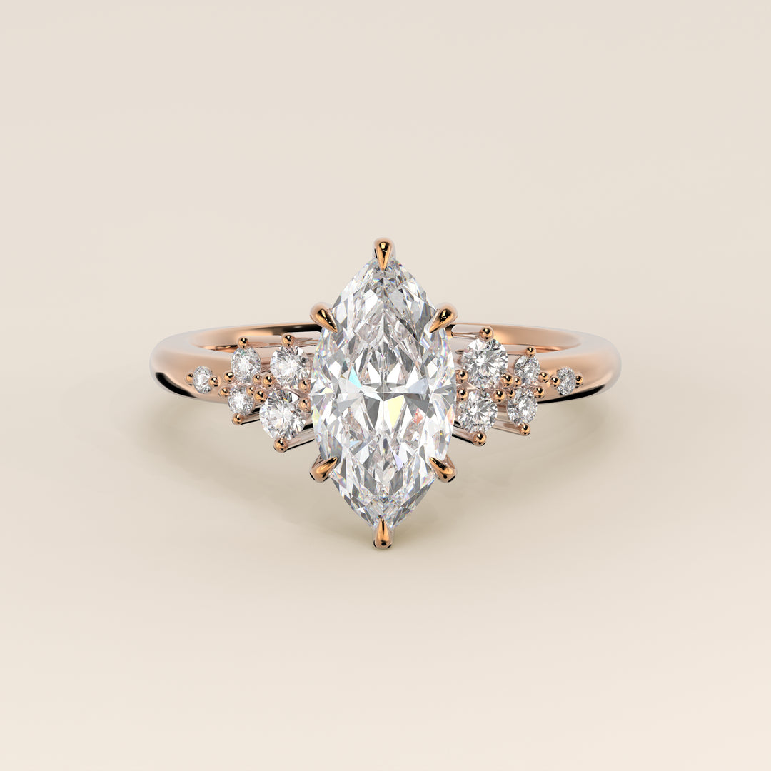 Verlovingsring marquise lab grown diamant met hidden halo en lage zetting, rosegoud