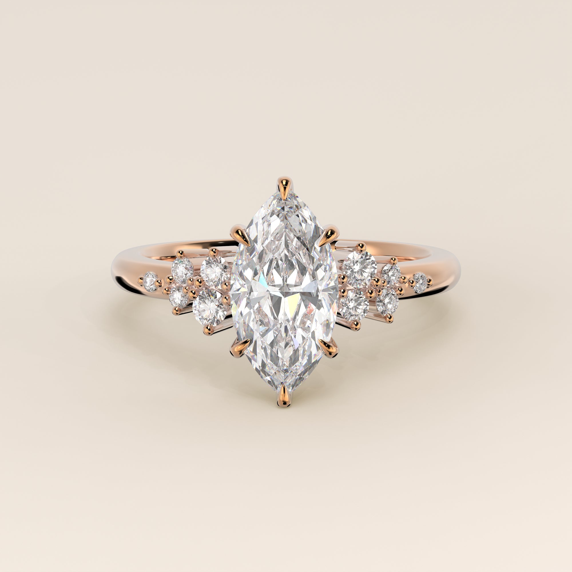 Verlovingsring marquise lab grown diamant met hidden halo en lage zetting, rosegoud