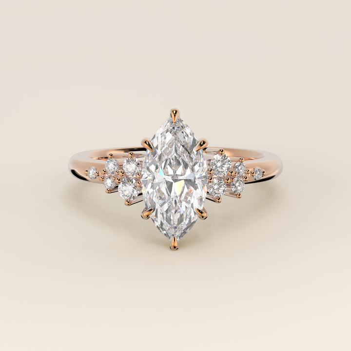 Verlovingsring marquise lab grown diamant met hidden halo en lage zetting, rosegoud