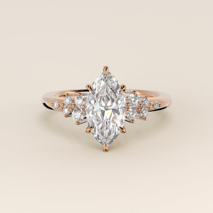 Verlovingsring marquise lab grown diamant met hidden halo en lage zetting, rosegoud