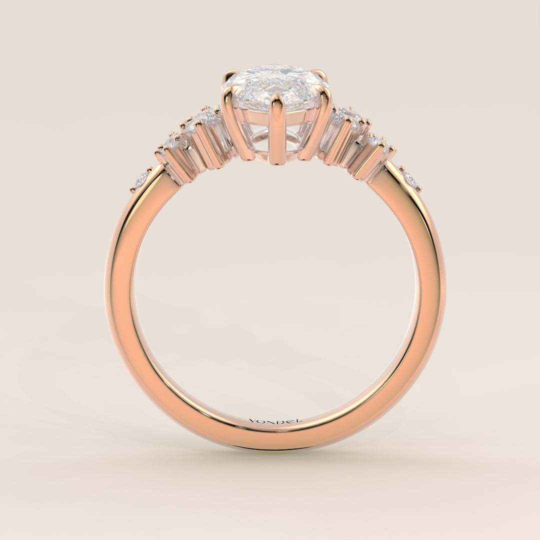Verlovingsring marquise lab grown diamant met hidden halo en lage zetting, rosegoud