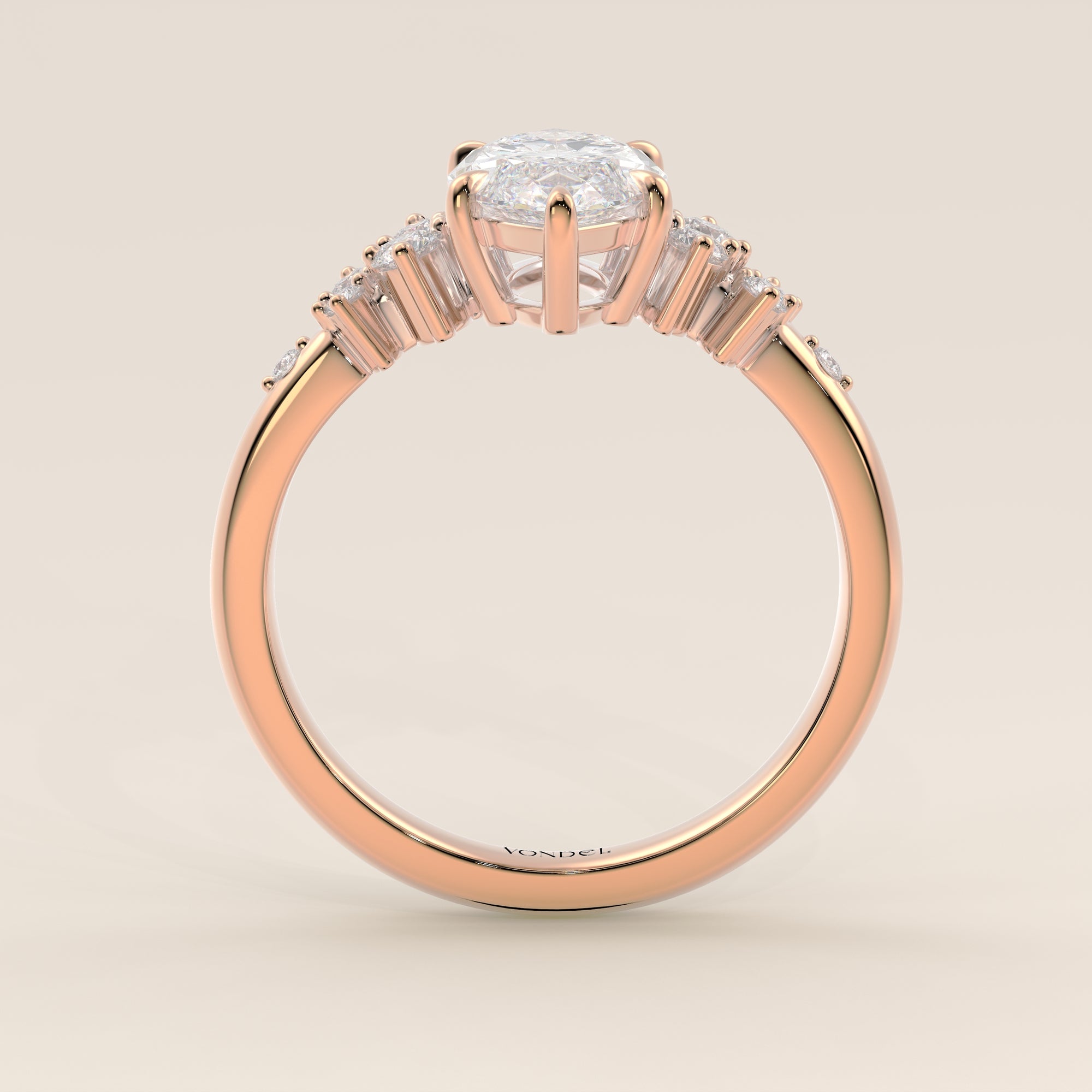 Verlovingsring marquise lab grown diamant met hidden halo en lage zetting, rosegoud