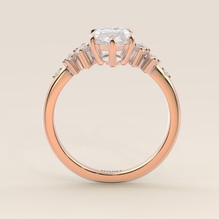 Verlovingsring marquise lab grown diamant met hidden halo en lage zetting, rosegoud