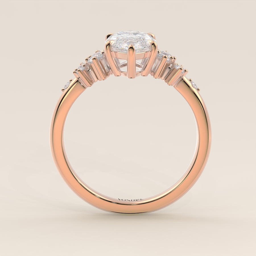 Verlovingsring marquise lab grown diamant met hidden halo en lage zetting, rosegoud