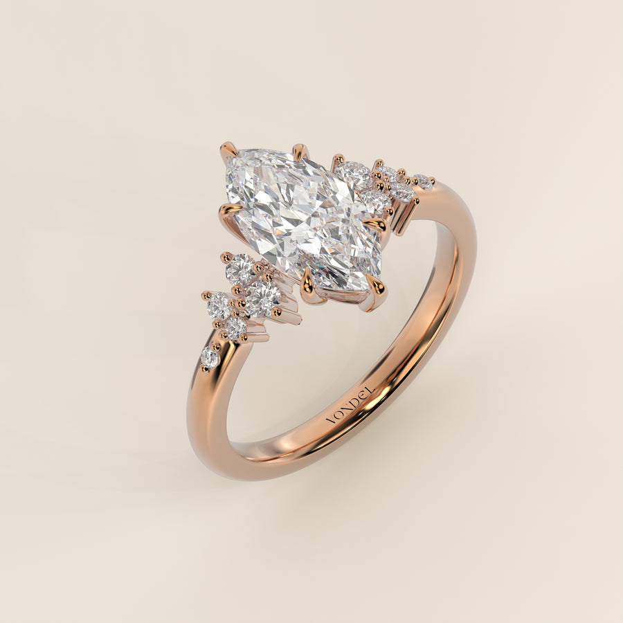 Verlovingsring marquise lab grown diamant met hidden halo en lage zetting, rosegoud