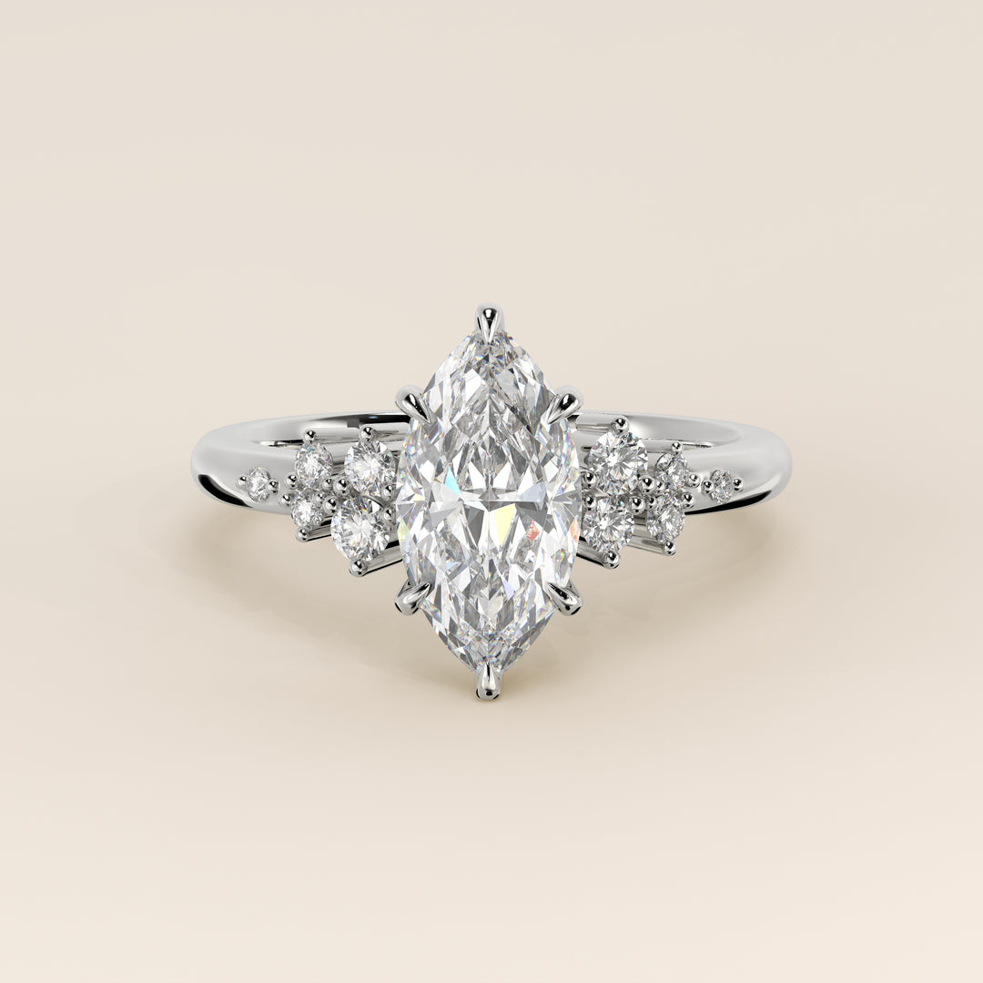 Verlovingsring marquise lab grown diamant met hidden halo en lage zetting, witgoud