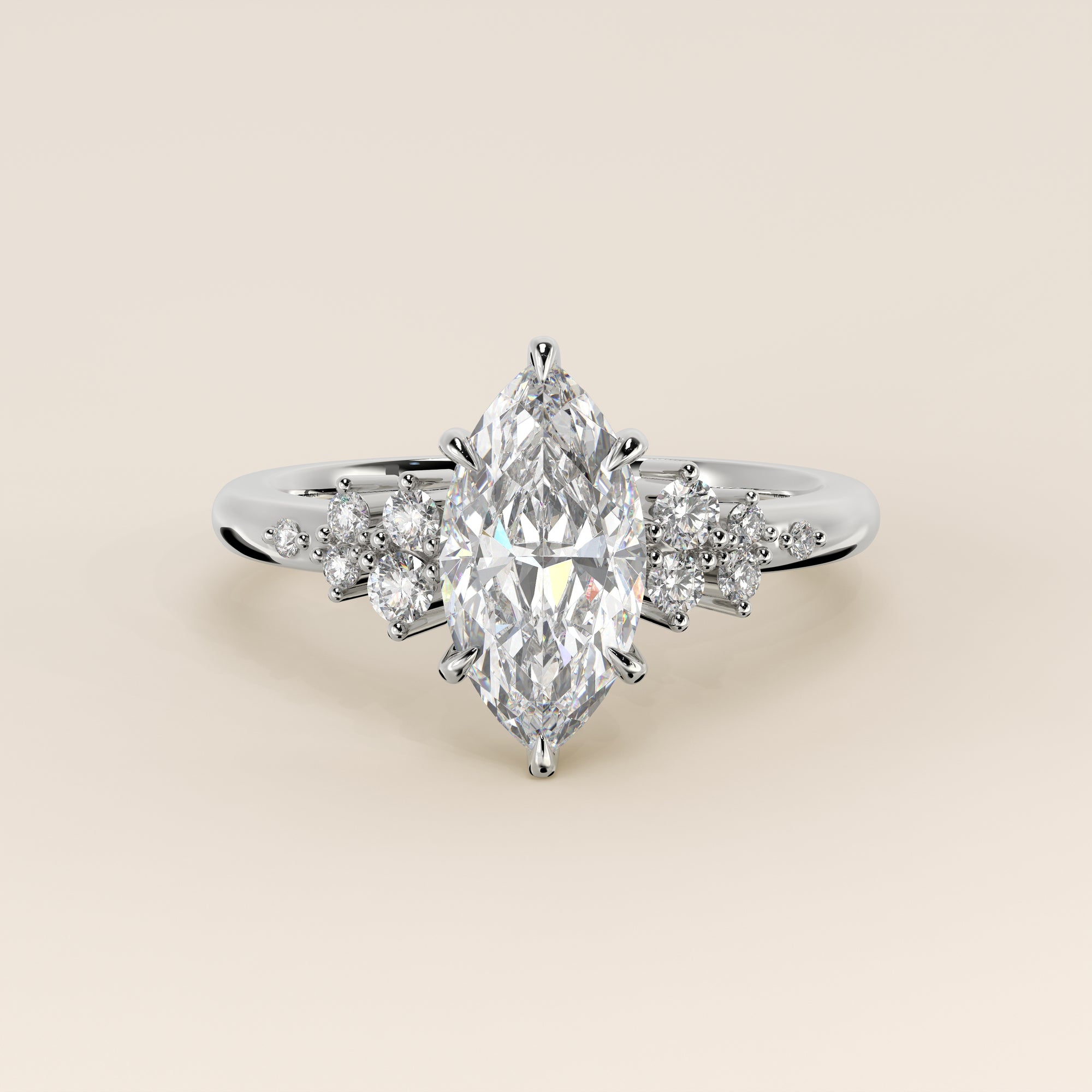 Verlovingsring marquise lab grown diamant met hidden halo en lage zetting, witgoud
