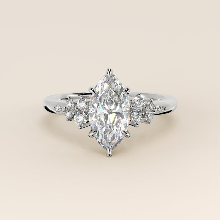Verlovingsring marquise lab grown diamant met hidden halo en lage zetting, witgoud