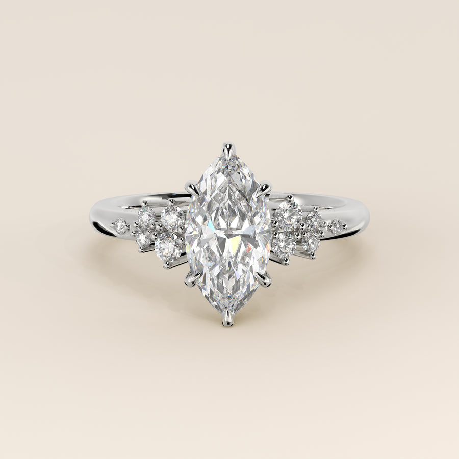 Verlovingsring marquise lab grown diamant met hidden halo en lage zetting, witgoud
