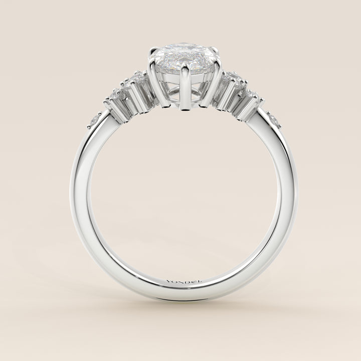 Verlovingsring marquise lab grown diamant met hidden halo en lage zetting, witgoud