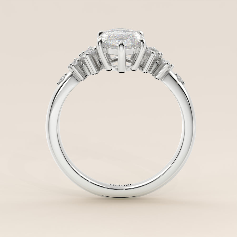 Verlovingsring marquise lab grown diamant met hidden halo en lage zetting, witgoud