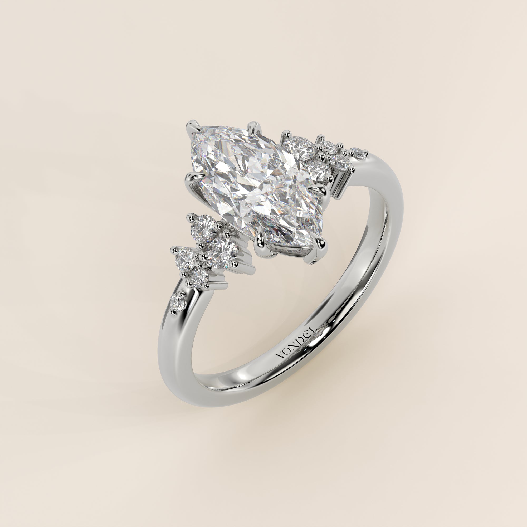 Verlovingsring marquise lab grown diamant met hidden halo en lage zetting, witgoud