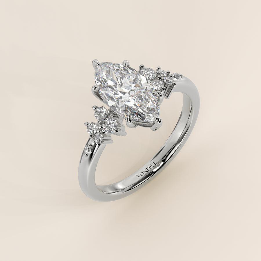 Verlovingsring marquise lab grown diamant met hidden halo en lage zetting, witgoud