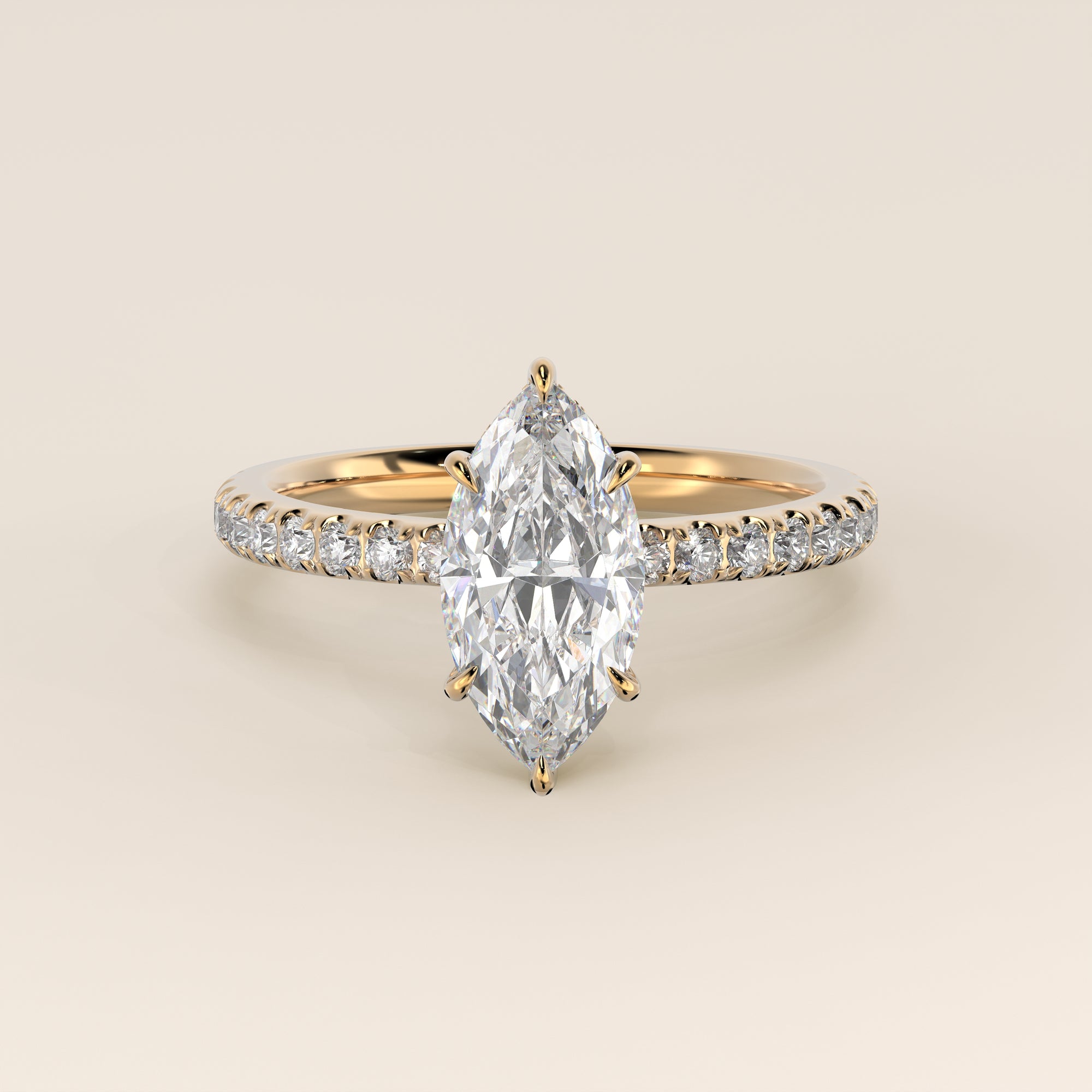 Verlovingsring marquise lab grown diamant met hidden halo en pave band, geelgoud