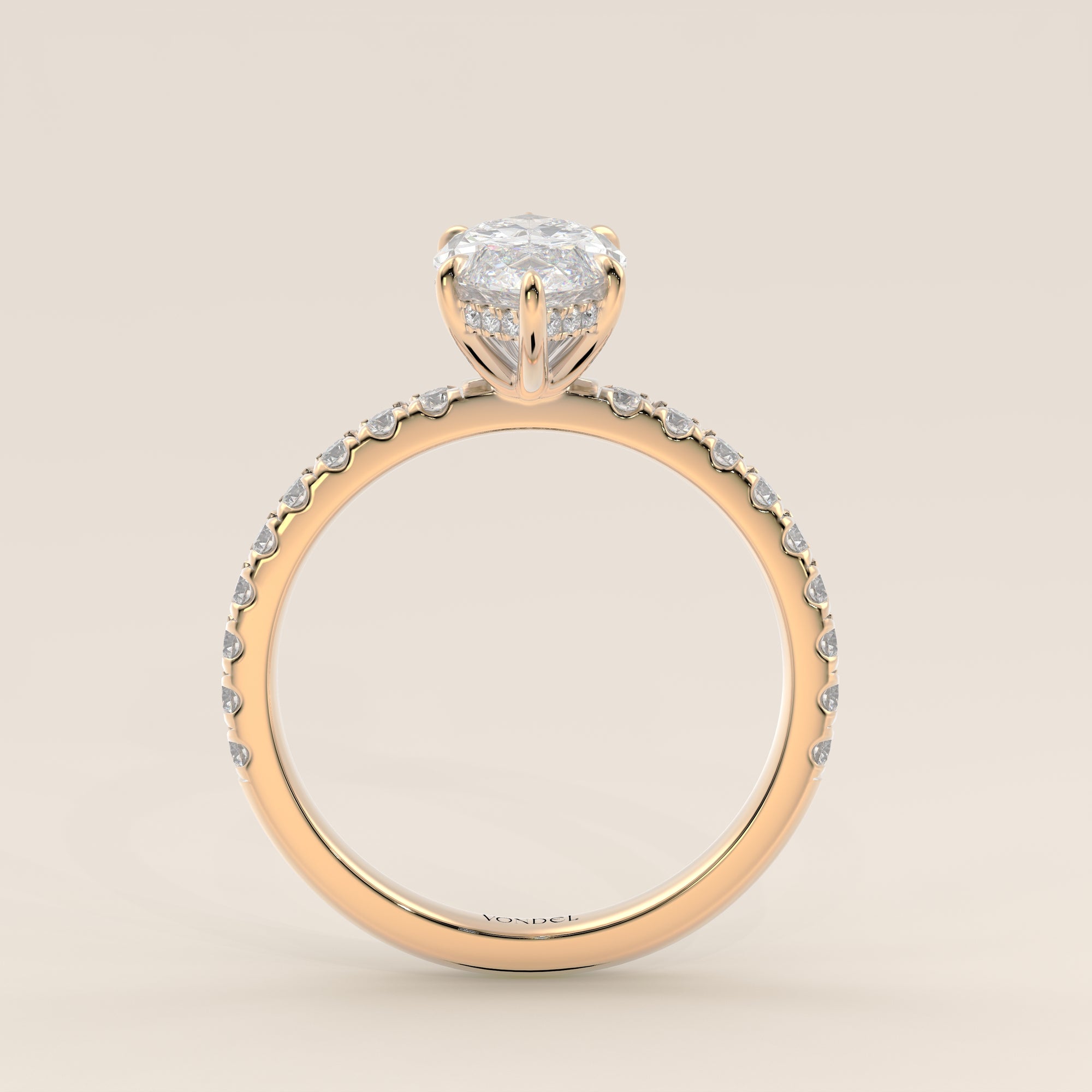 Verlovingsring marquise lab grown diamant met hidden halo en pave band, geelgoud