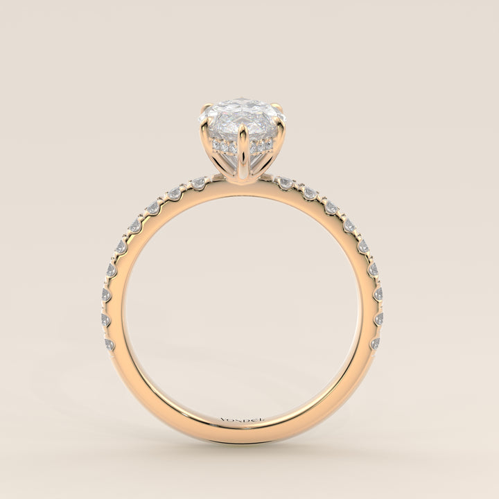 Verlovingsring marquise lab grown diamant met hidden halo en pave band, geelgoud