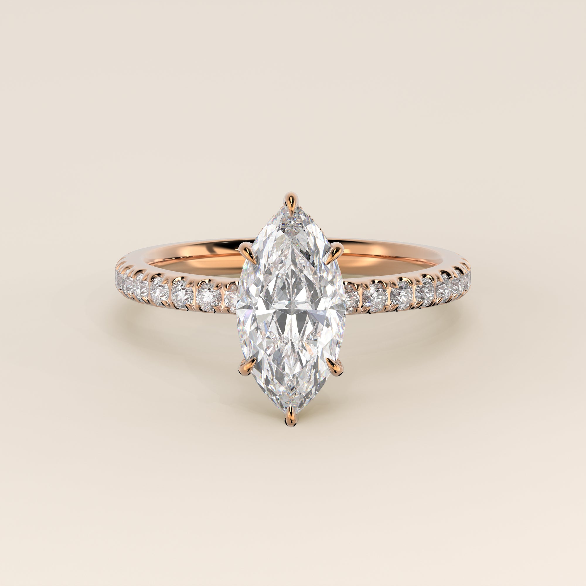 Verlovingsring marquise lab grown diamant met hidden halo en pave band, rosegoud