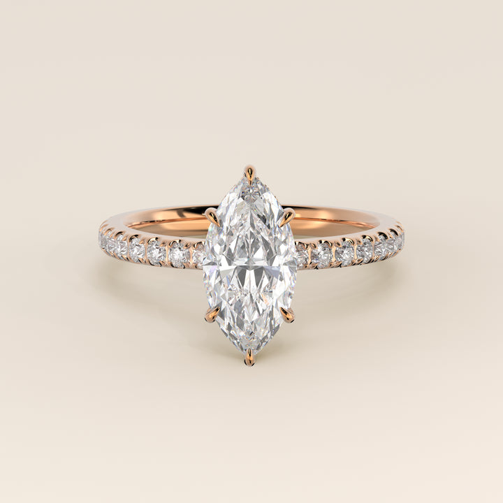 Verlovingsring marquise lab grown diamant met hidden halo en pave band, rosegoud