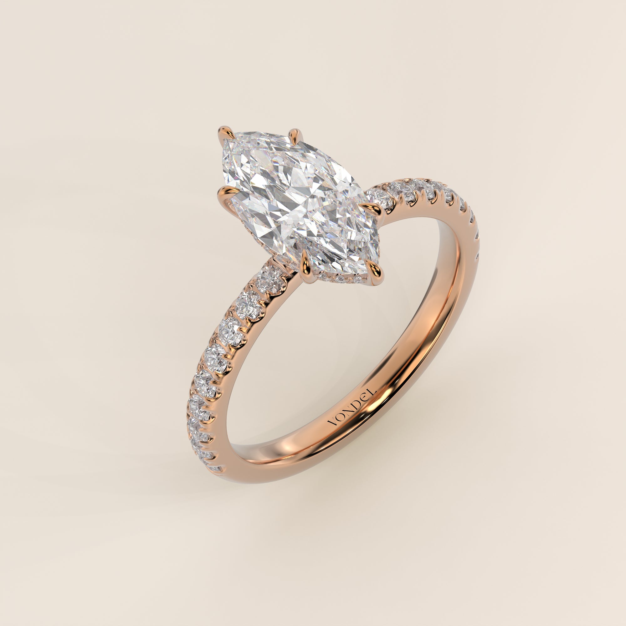 Verlovingsring marquise lab grown diamant met hidden halo en pave band, rosegoud