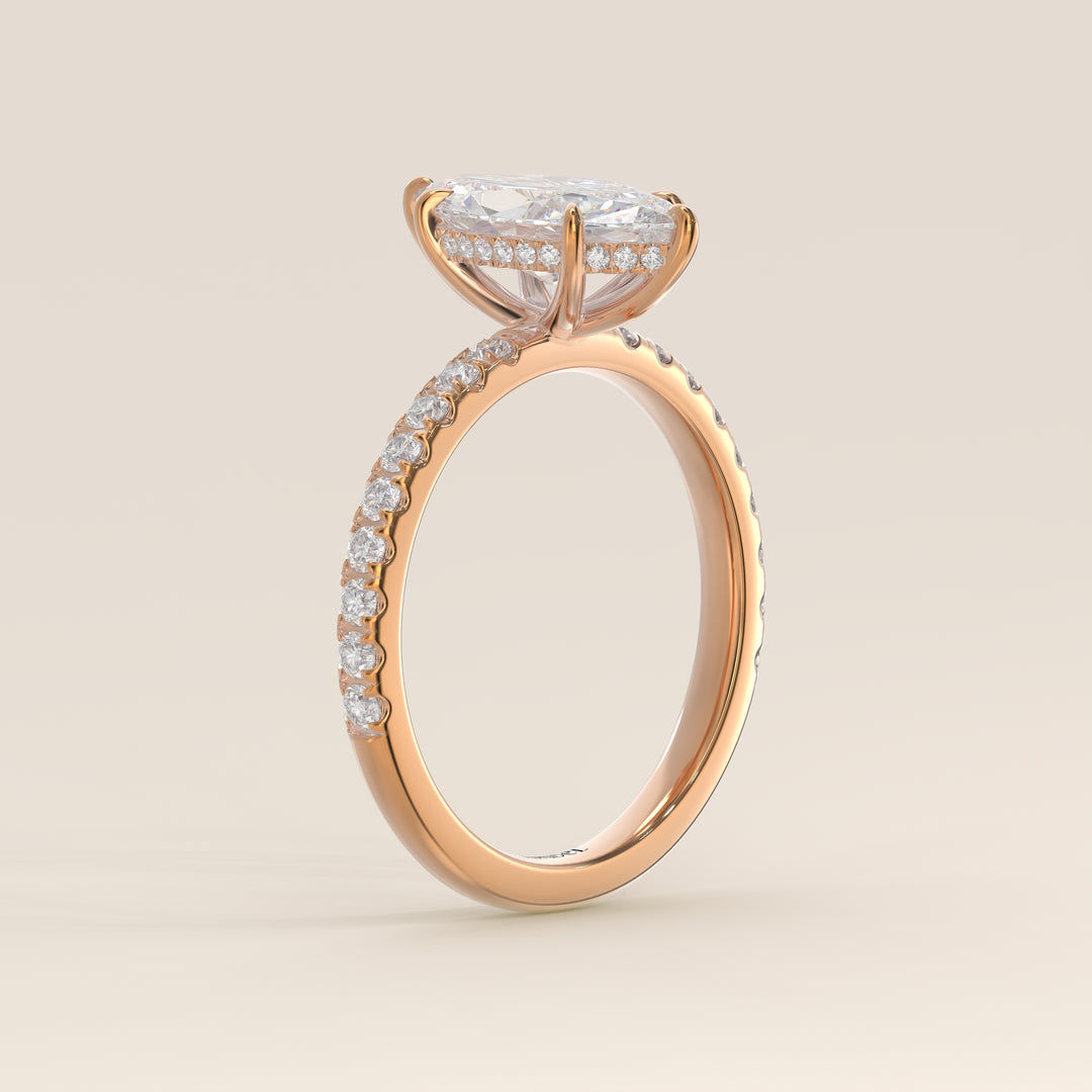 Verlovingsring marquise lab grown diamant met hidden halo en pave band, rosegoud