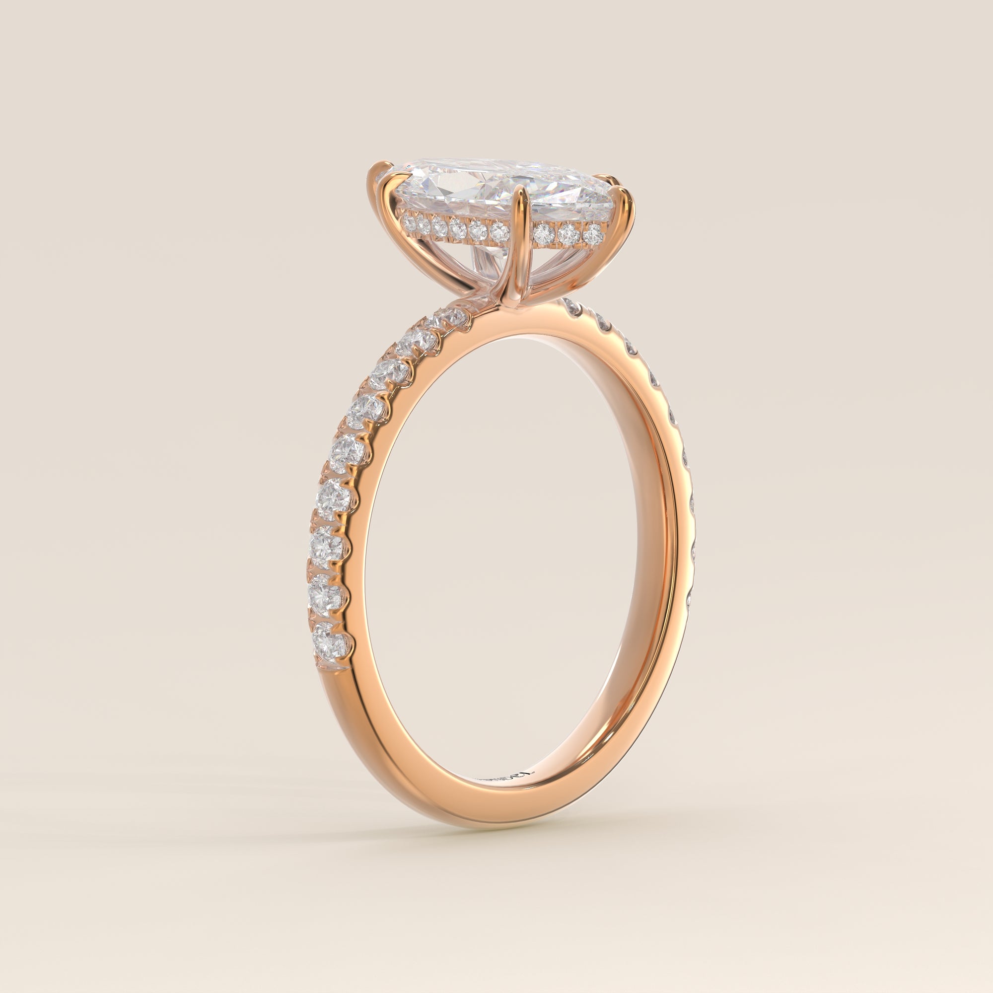 Verlovingsring marquise lab grown diamant met hidden halo en pave band, rosegoud