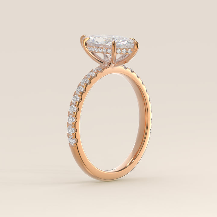 Verlovingsring marquise lab grown diamant met hidden halo en pave band, rosegoud