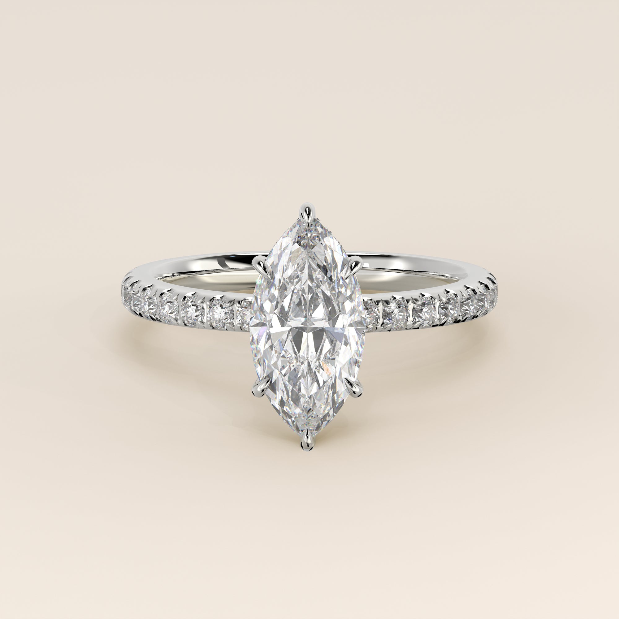 Verlovingsring marquise lab grown diamant met hidden halo en pave band, witgoud