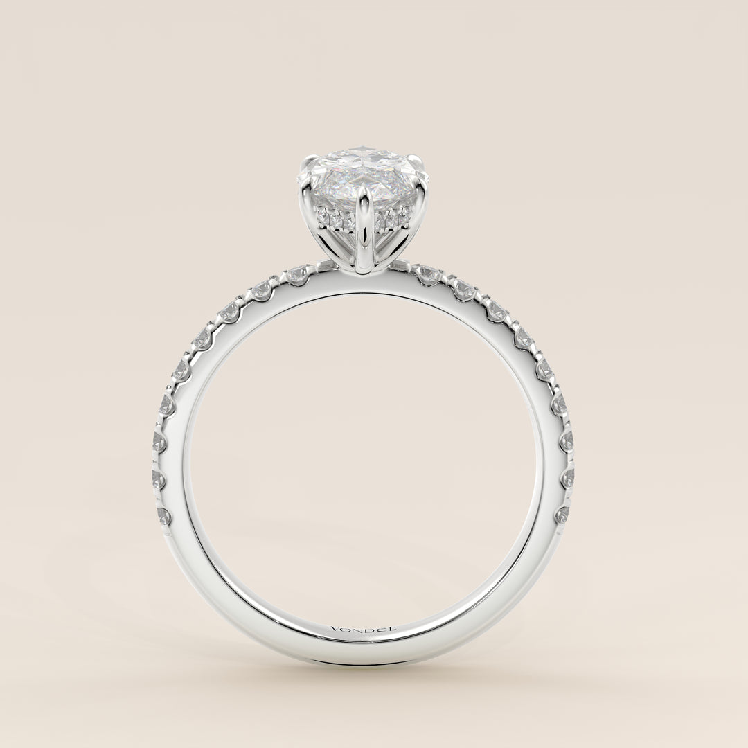 Verlovingsring marquise lab grown diamant met hidden halo en pave band, witgoud