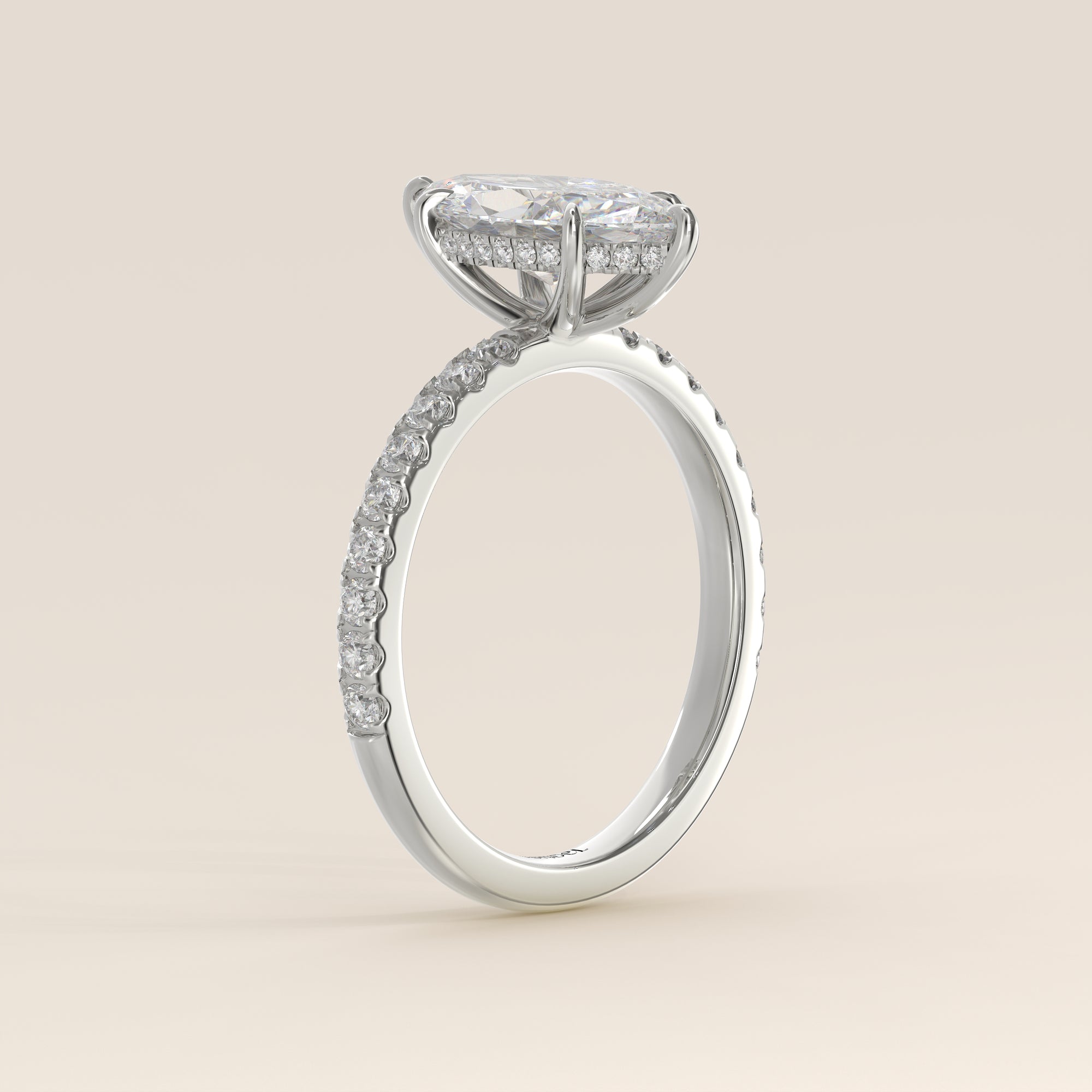Verlovingsring marquise lab grown diamant met hidden halo en pave band, witgoud