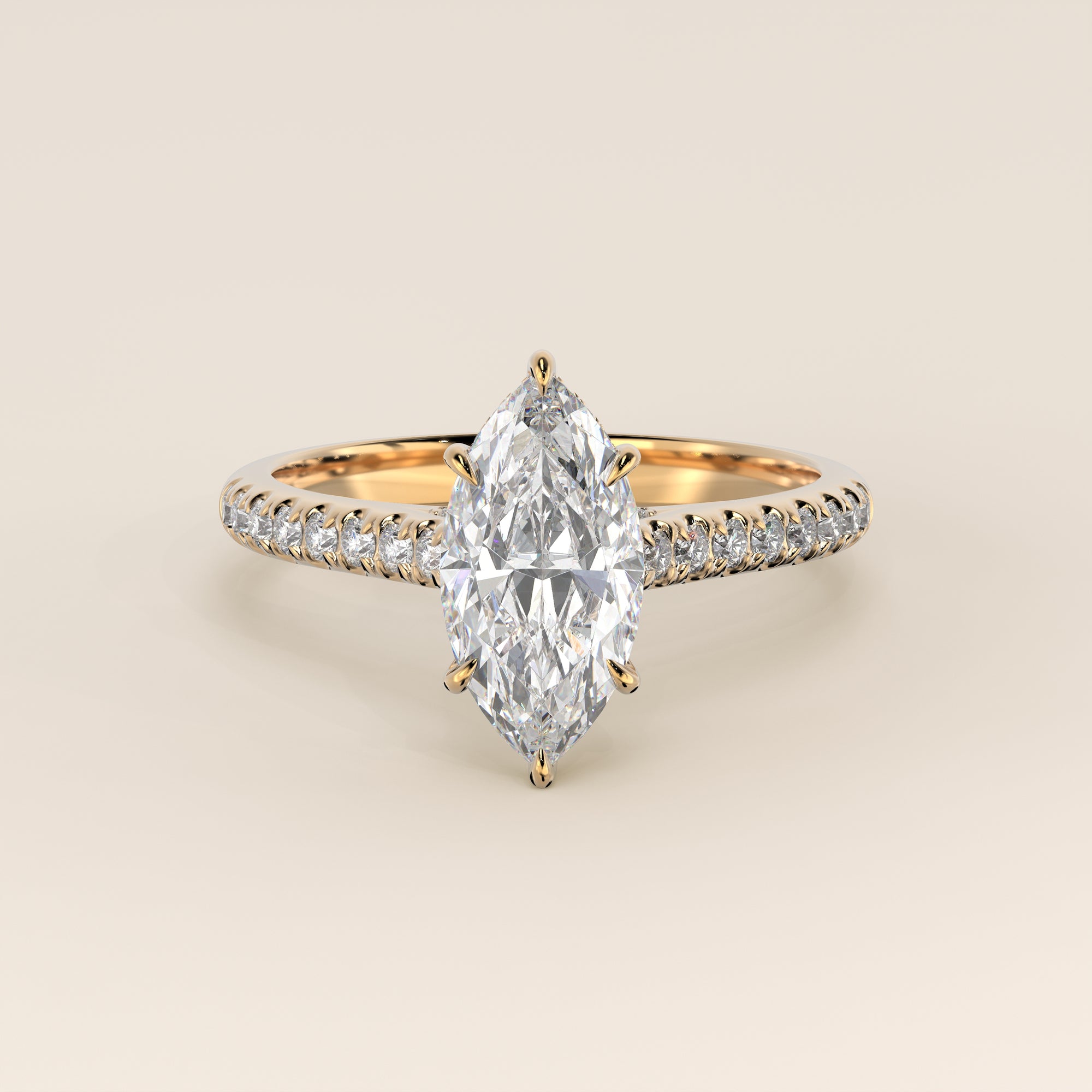 Verlovingsring marquise lab grown diamant met pave band, hidden halo en diamond bridge, geelgoud